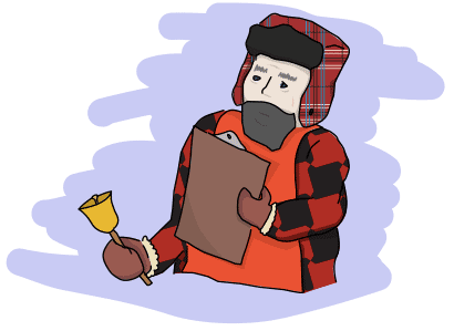 man in a plaid shirt, winter hat, with a clipboard and a bell