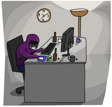 a woman in purple hoodie, slouched over her keyboard with her desk full of empty mugs and bottles