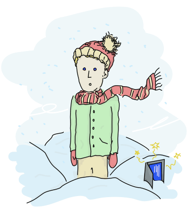 little printf, with a red and yellow tuque, similarly colored scarf, green coat, red mittens, and beige-yellow pants, standing in snow with a broken laptop at his sides