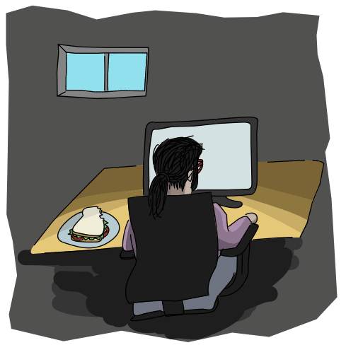 nondescript programmer sitting back to the viewer in the dark, with a sandwich on their desk