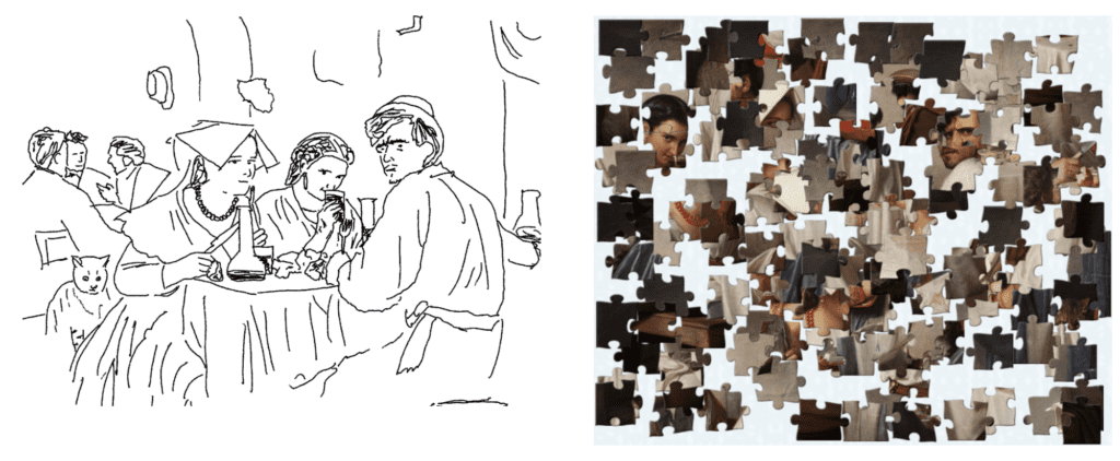 two versions of the painting are shown. On the left, only a rough black and white, handdrawn outline showing 3 characters in the back, a cat on a bench next to the three main characters eating a meal. The second image on the right is just the original image cut up in shuffled pieces of a jigsaw puzzle