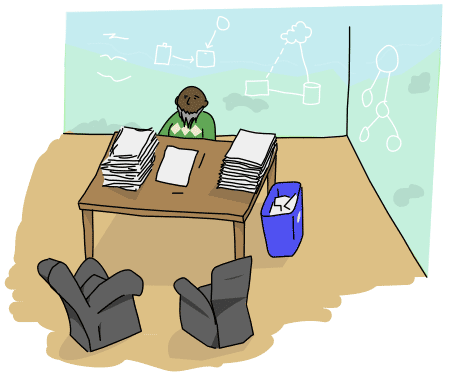 software architect sitting at his desk with reams of paper on top of it