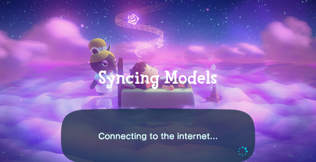 'Syncing Models': a still from the video game in the feature where you back up your island by uploading it online